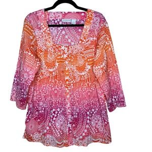 Kim Rogers Woman 1X Ombre Paisley‎ Floral Pleated V Neck Button Front Tunic Top